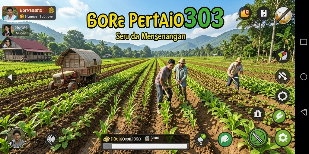 Tampilan gameplay seru di BORNEO303 dengan lahan pertanian yang luas.