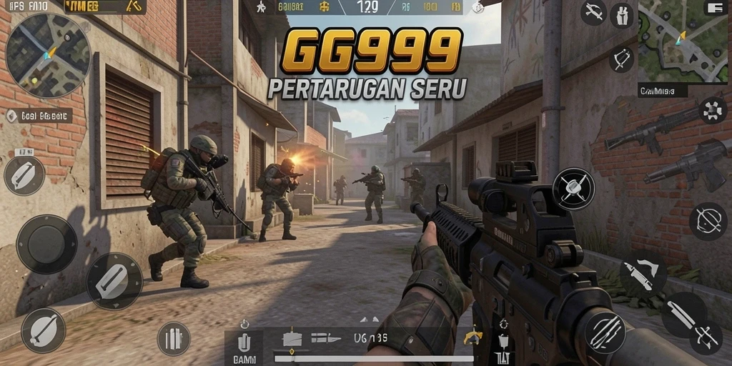 Tampilan gameplay GG999 menunjukkan pertarungan FPS yang mendebarkan.