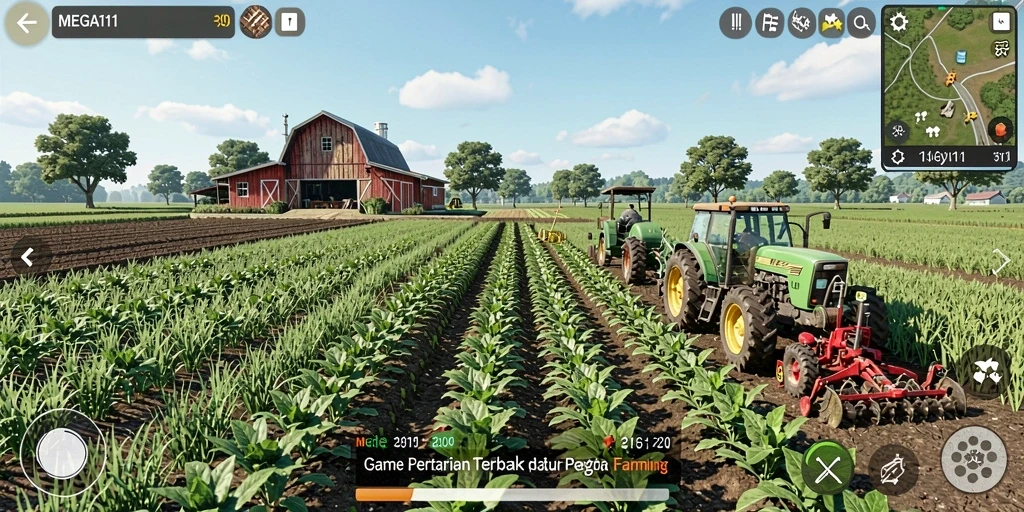 Screenshot MEGA111 menampilkan kebun yang subur dan interaksi petani.