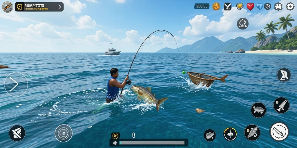 Tampilan gameplay RUMPITOTO dengan aksi memancing yang menarik.
