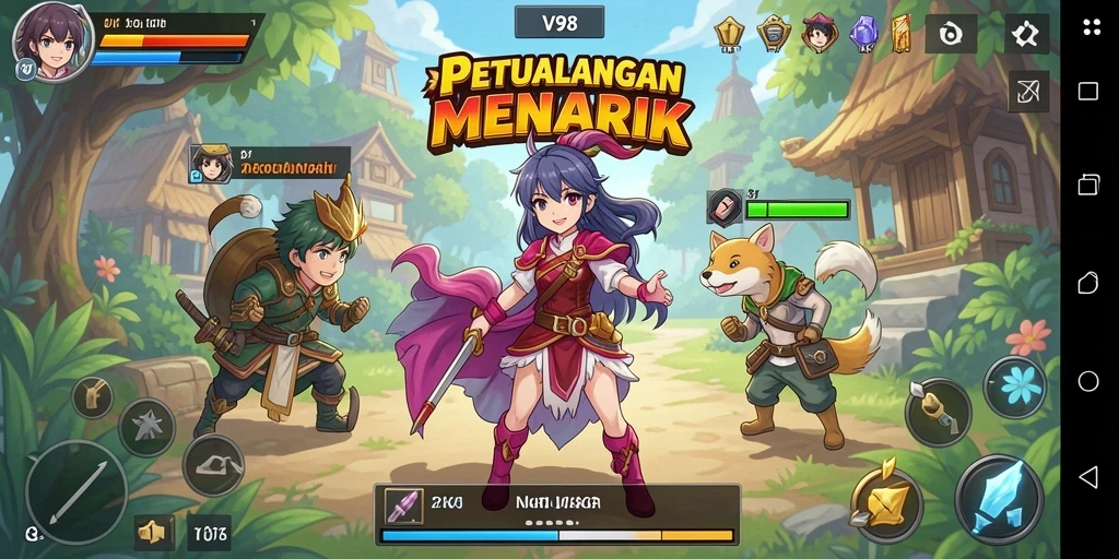 Tampilan gameplay V98 yang menakjubkan dengan karakter anime ikonik.